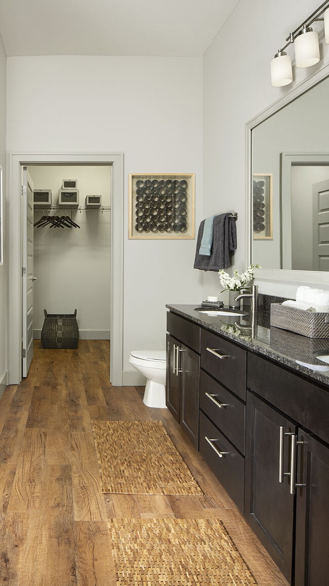 Apartment Bathroom with spacious closet, double sinks and hardwood flooring.