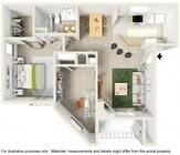 1BR, 1BA - 850SF - Floorplan