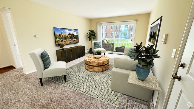 A cheerful setting for gathering in your luxe living room with a large door wall leading to a private patio or balcony. Life is good at this Royal Oak apartment community in such a nice neighborhood. - Briarwood Park Apartments