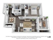 Charming 3D floor plan showcasing a cozy one-bedroom apartment, featuring an open-concept living area, modern kitchen, and private balcony for relaxation.