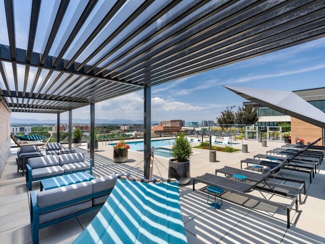 Poolside lounge with panoramic mountain views, shaded hammocks, and space to unwind above the city.