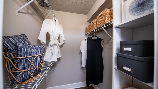 Discover the convenience of our spacious walk-in closets complete with ample shelving and hanging space to keep your wardrobe organized and easily accessible. - Elon Winter Park Apartments