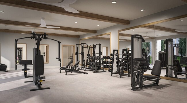 24/7 fitness center with cardio equipment, weights, and open workout space.