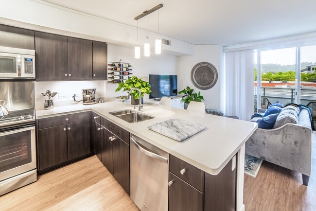 Beautifully designed contemporary kitchens with sparkling quartz counters - The Arroyo Residences Apartments