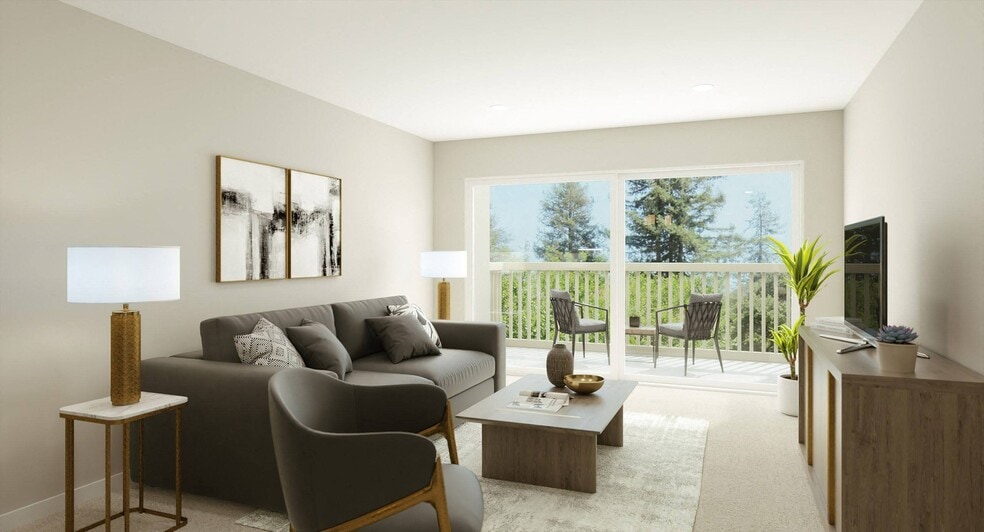 Upgraded living room with balcony at The Reserve at Prentiss Pointe Apartments in Harrison Township