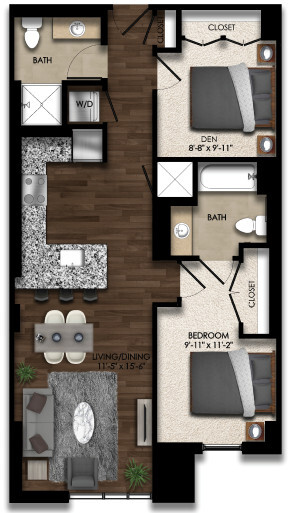 Floor Plan - 1 Bed/2 Bath Den-1E