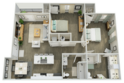Modern 3D floor plan showcasing 2 bedrooms, an elegant open-concept living and dining area, and a sleek kitchen with an island. Features include two luxurious bathrooms and stylish interior decor.