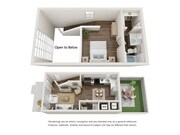 Modern 3D floor plan showcasing a stylish loft bedroom with en-suite bathroom, spacious living area, and open kitchen, highlighting an inviting patio and lush garden space.