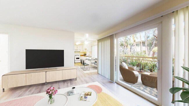 Two Bedroom Plan A - living room, balcony, and dining area at West Park Village Apartment Homes