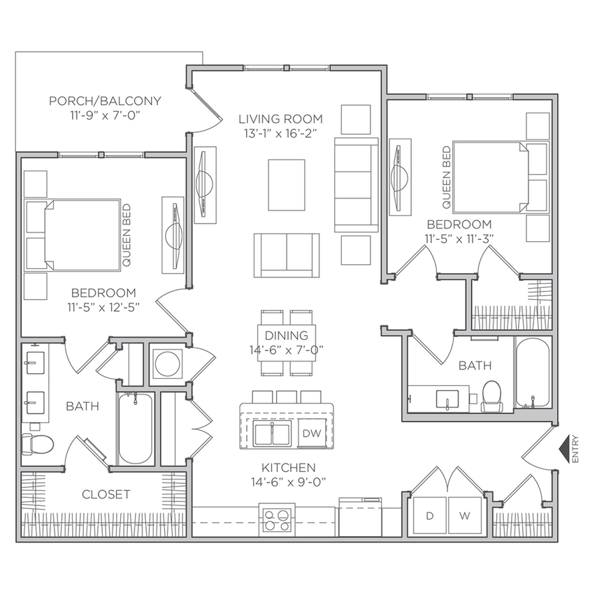 Explore this thoughtfully designed apartment layout perfect for modern living. - 2 Bed 2 Bath -1,085 Sq. Ft.