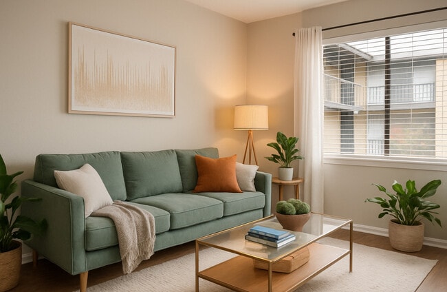 Open-concept living room with wood-style floors and natural light - evRia Terraces Rental