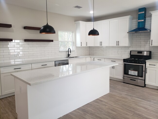 Gran isla de cuarzo y nuevos electrodomésticos de acero inoxidable con estufa a gas. - 936 W Austin St
