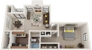 One Bedroom, 700 sqft, Patio/Balcony, Full-Size Washer/Dryer Connections, Fireplace in Selected Units