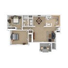 2 Bedroom, 1 Bath, 882 sf - 3D Furnished