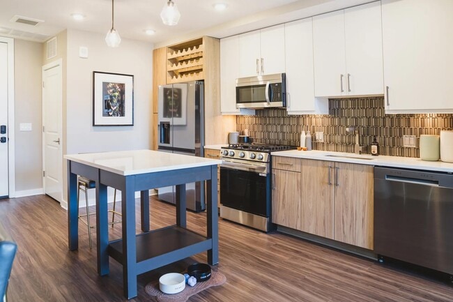 Gourmet kitchens feature bold tile backsplash and oversized single basin sinks. - Modera Parkside