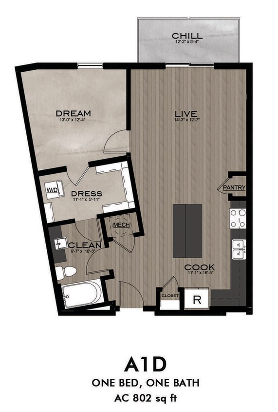 1 Bedroom 1 Bathroom floor plan - A1D