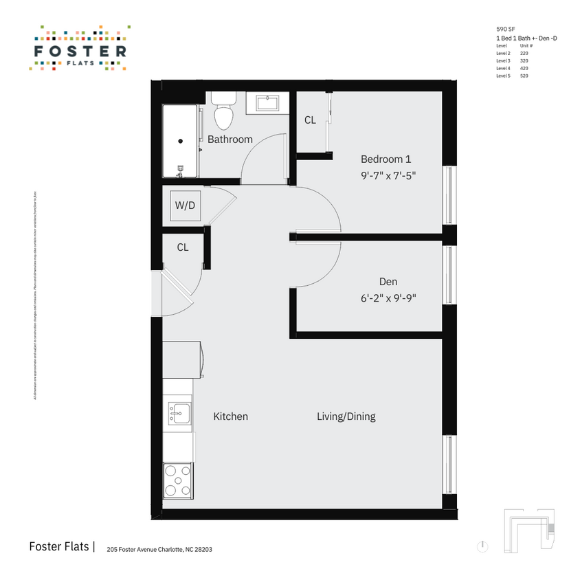 1 BED 1 BATH + DEN - D | 590 SF - 1 Bed 1 Bath + Den - D