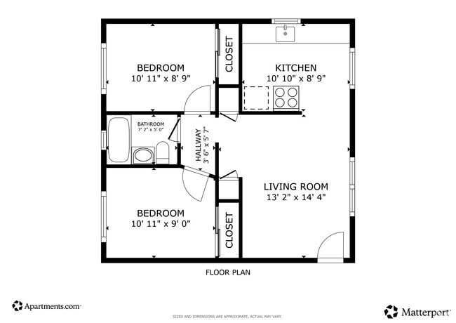 2BR, 1BA, 585SF - Floor Plan - Windy Hill Apartments