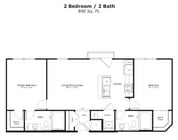 Eva floor plan West Lafayette, 2 bedroom 2 bath apartment, split bedroom apartment layout, The Ivy apartments, Juliet balcony apartment, West Lafayette apartments near Purdue, roommate-friendly floor plan