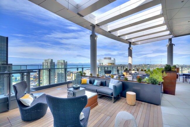 The Outdoor Terrace features breathtaking views of Puget Sound, Lake Union, Space Needle and Cascade/Olympic Mountains