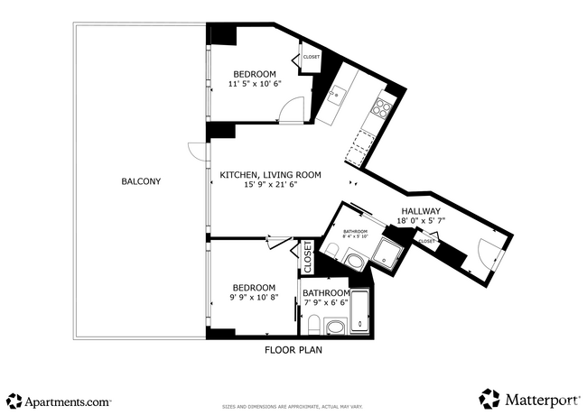 2BR, 2BA - 748SF - Schematic Floor Plan