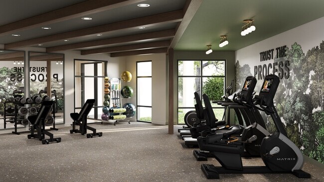 Modern fitness center with treadmills, free weights, training equipment, and motivational wall art reading “Trust the Process” - Oakwood Trails