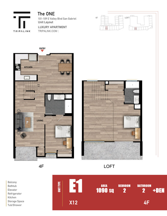 Floor Plan - 2 Bed 2 Bath +Den +Loft - 1090 sqft