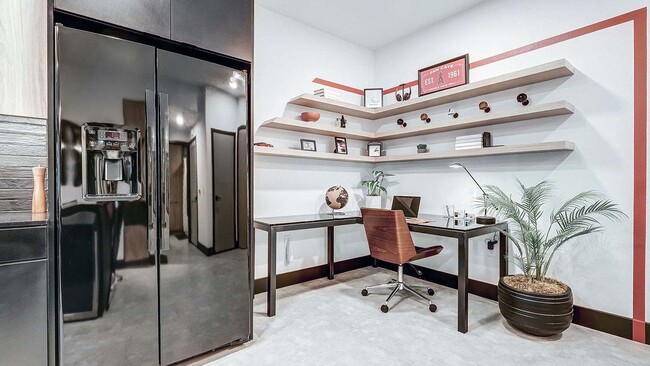 Griffis Platinum Triangle desk area with built in shelves. - Griffis Platinum Triangle