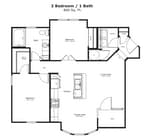 The English: 860 sq. ft. with 2 bedrooms, 1 bath, a bright bay window, and an open balcony or deck for enjoying the outdoors.