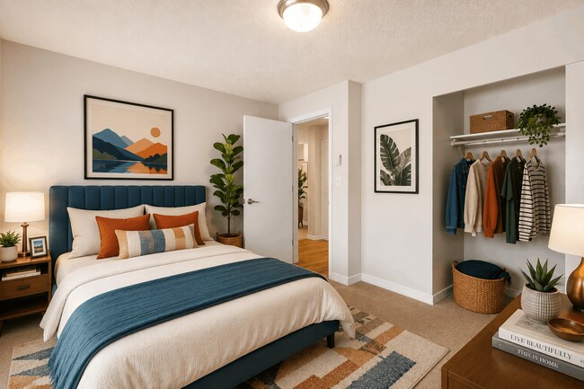 A bright, stylish second bedroom with modern décor and generous closet space at Chambers Pointe Apartments.