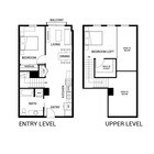 Modern two-level floor plan featuring a spacious bedroom loft with walk-in closet, cozy entry-level bedroom, open living and dining area, stylish kitchen, and a charming balcony.