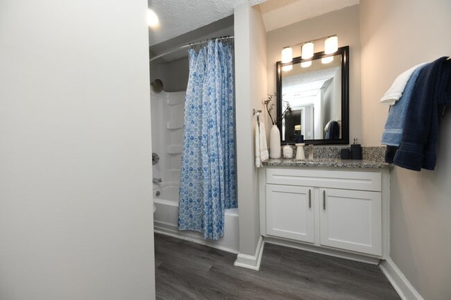 Bright bathroom with granite counters and bathtub
