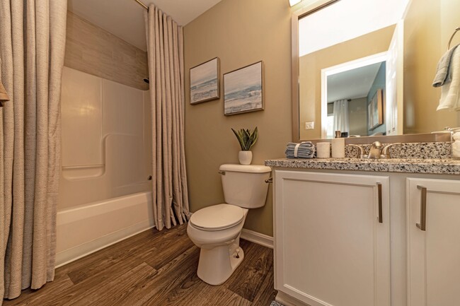 Bright bathroom with granite counters and bathtub