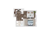 Explore this beautifully designed one-bedroom layout featuring a spacious living area and modern kitchen.