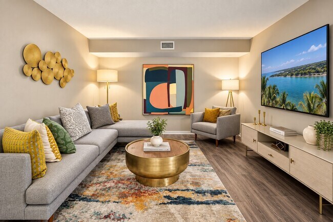 Step into comfort at Club Mira Lago. This inviting living space features modern furnishings, warm lighting, and elegant décor, creating the perfect atmosphere for relaxation. See yourself here—schedule a tour today!