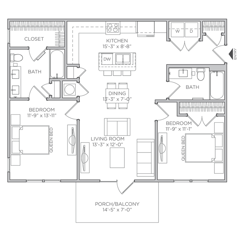 Explore the well-designed layout of this contemporary apartment, featuring ample living space and modern amenities. - 2 Bed 2 Bath with Garage - 1,038 Sq. Ft.