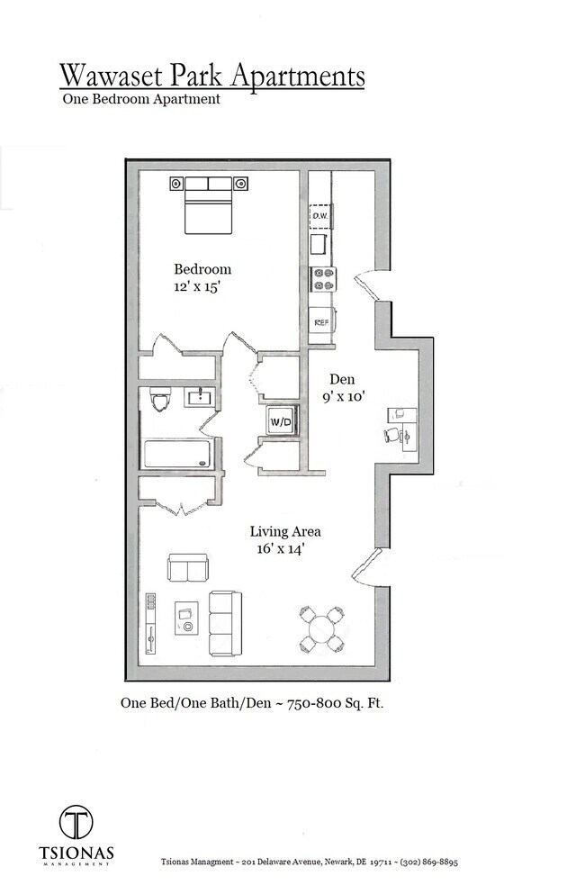 One bedroom with Den Floorplan - Wawaset Park Apartments