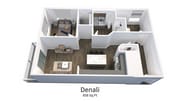 Explore the Denali layout with its inviting bedroom and spacious open kitchen, designed for modern living.