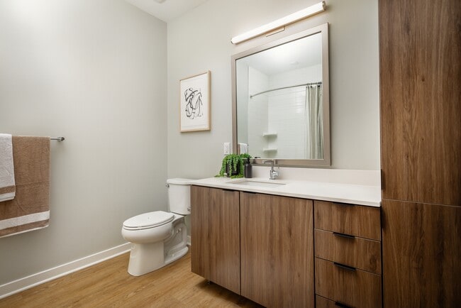 Upgraded Collection bath with neutral quartz countertops, dark brown cabinetry, and hard surface flooring (model home)