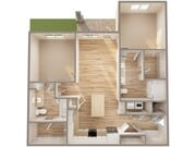 Experience modern living with this chic two-bedroom apartment layout, featuring a spacious open kitchen and living area.