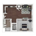 Sleek 1-bedroom apartment floor plan featuring open living area with modern kitchen, inviting lounge space, and elegant bathroom.