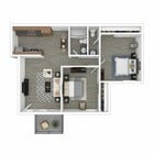 Two-Bedroom, One-and-One-Half-Bathroom 3D Furnished Floor Plan