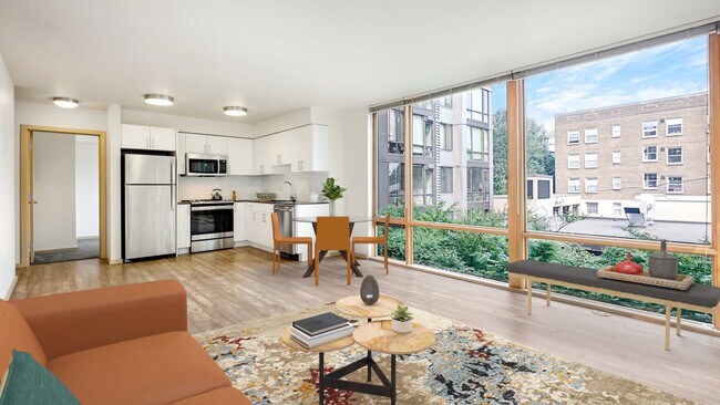 Kitchen and Living Room with Floor-to-Ceiling Windows - Chloe on Union