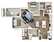 Explore this spacious apartment layout, designed for modern living with two bedrooms and an elegant kitchen.