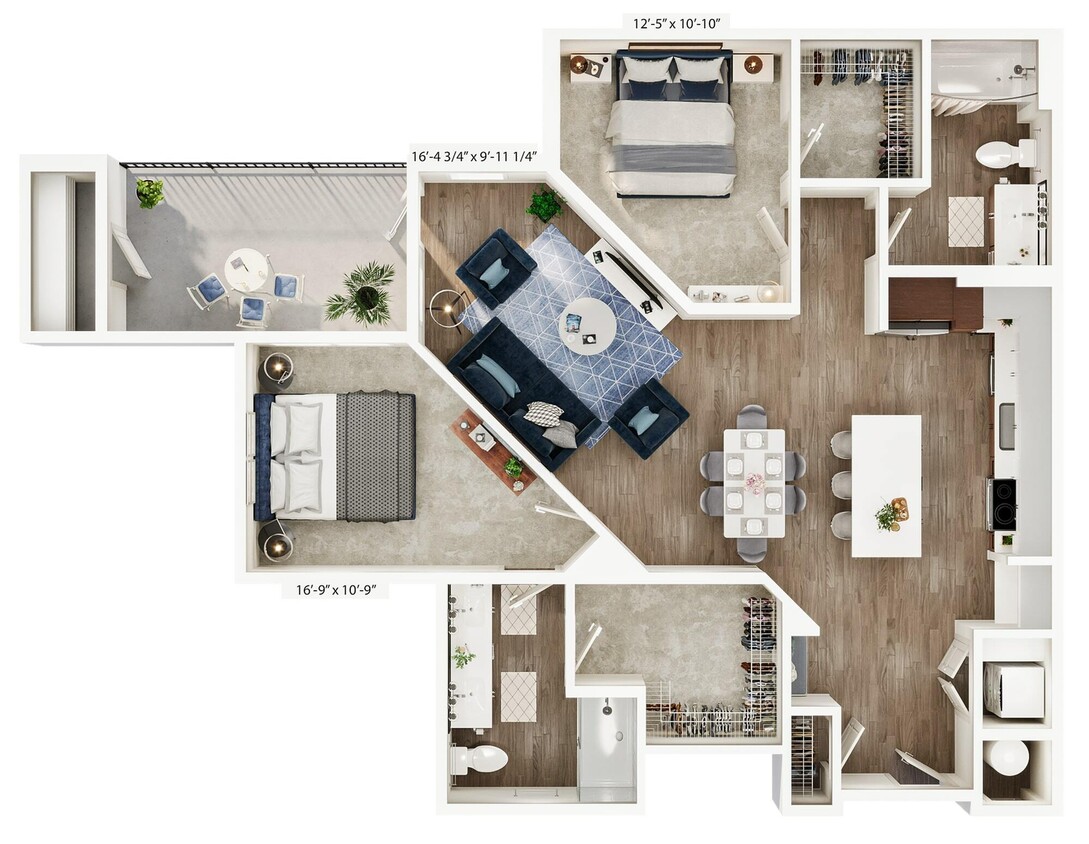 Explore this spacious apartment layout, designed for modern living with two bedrooms and an elegant kitchen. - B3