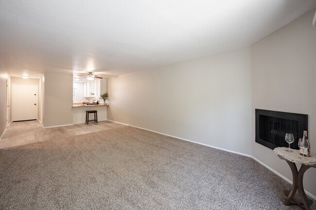 Living room with fireplace and kitchen