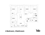 Spacious 4-bedroom, 2-bathroom floor plan featuring an open living and dining area, modern kitchen, and ample closet space.
