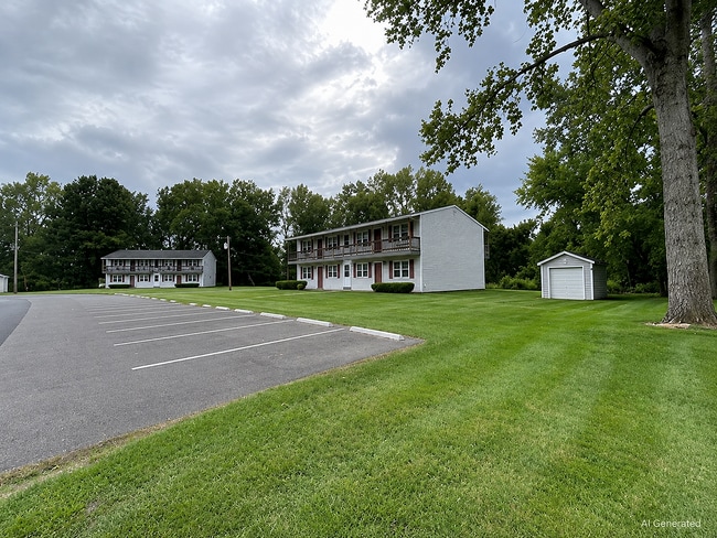 Buildings, lawns and parking