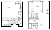 Explore this stylish two-level apartment floor plan, perfect for modern living with spacious rooms and functional design.