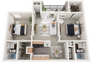 Two Bedroom, Two Bathrooms, 889 sqft